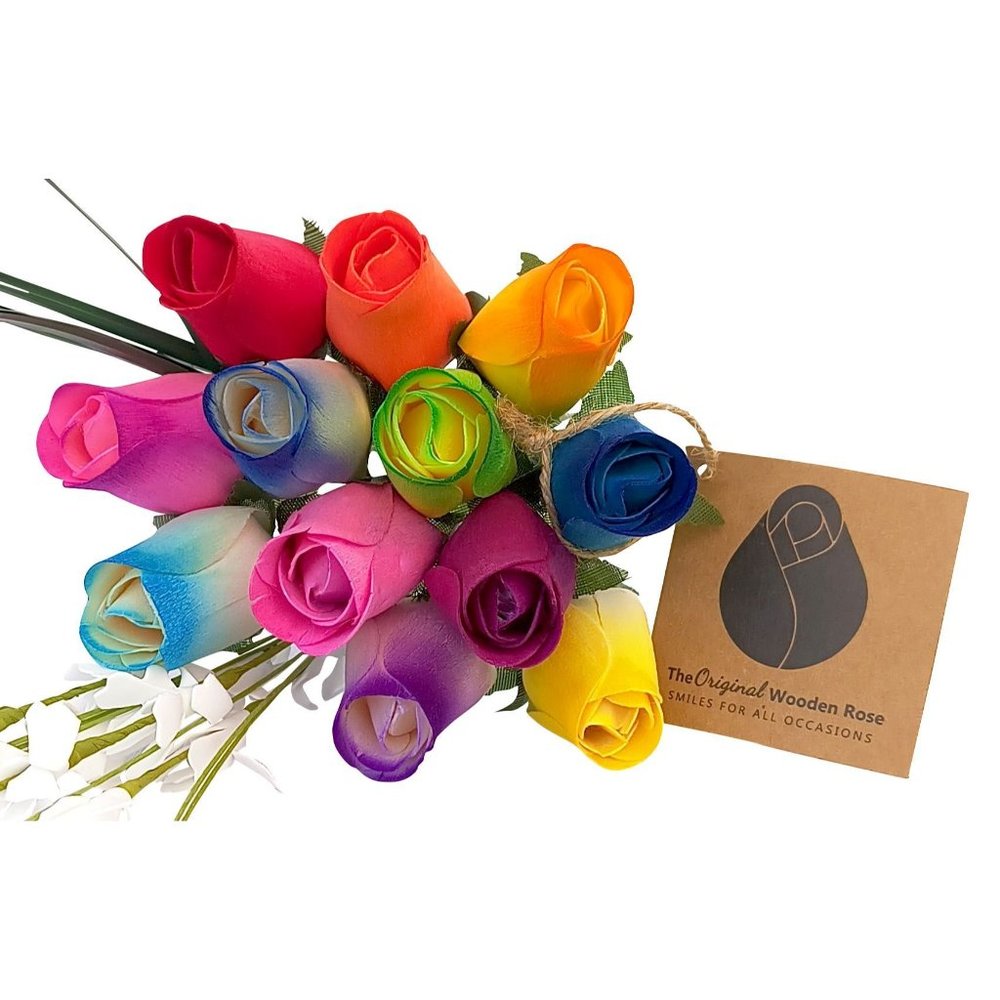 1 Dozen Vibrant Assorted Colors Flower Bouquet. The Original Wooden Rose.